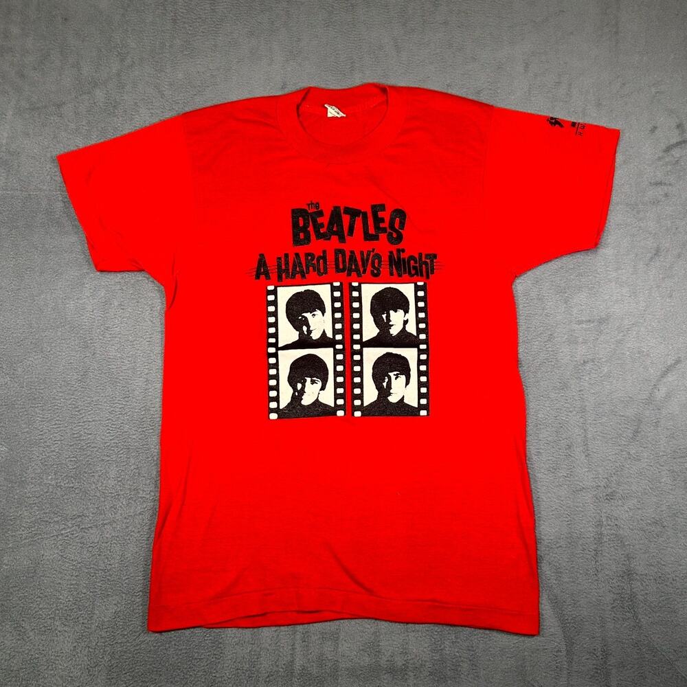 VTG Screen Stars T-Shirt Mens Medium Red The Beatles A Hard Day's Night Rock Pop